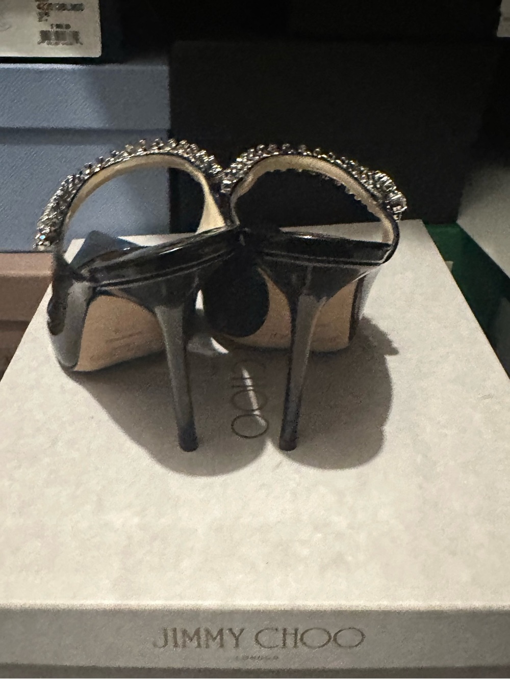 Jimmy Choo Black Patent Pointed Toe Slingback Pumps with Crystal Strap - Picture 2 of 3